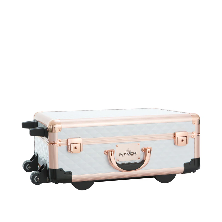 SlayCase® XLS Vanity Travel Train Case with Stand in White & Rose Gold Studded - Image 3