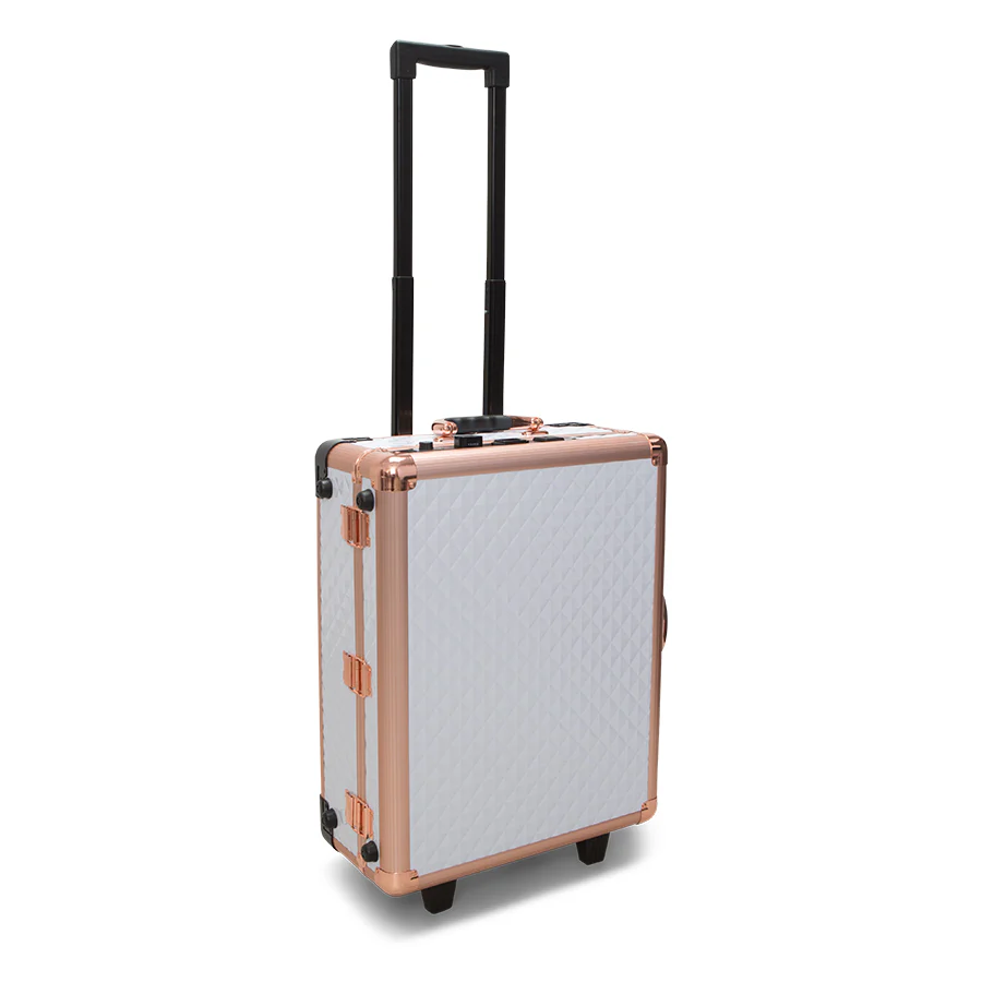 SlayCase® XLS Vanity Travel Train Case with Stand in White & Rose Gold Studded - Image 4