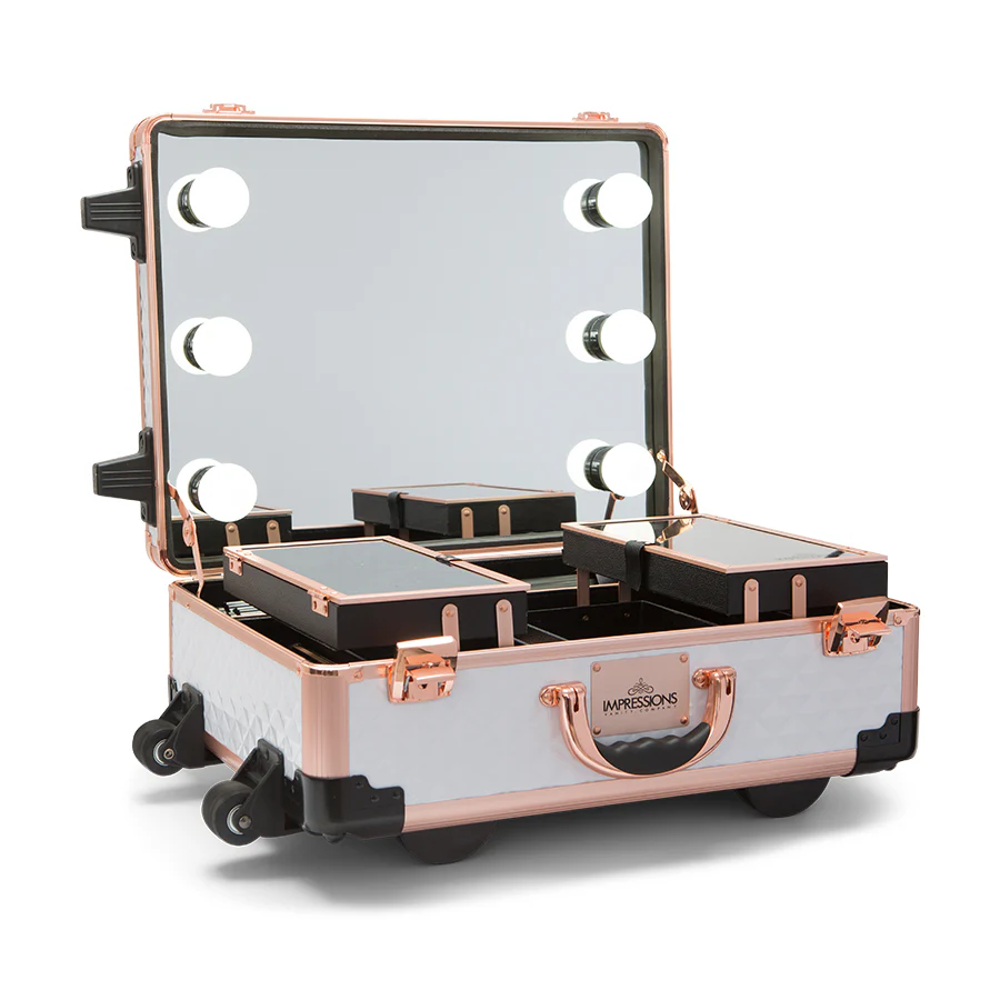 SlayCase® XLS Vanity Travel Train Case with Stand in White & Rose Gold Studded - Image 5