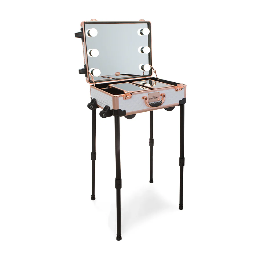 SlayCase® XLS Vanity Travel Train Case with Stand in White & Rose Gold Studded - Image 7