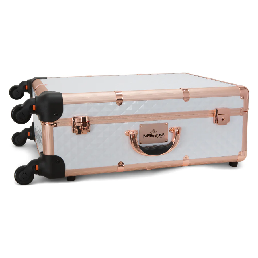 SlayCase® Pro Vanity Travel Train Case with Stand in White & Rose Gold Studded - Image 5